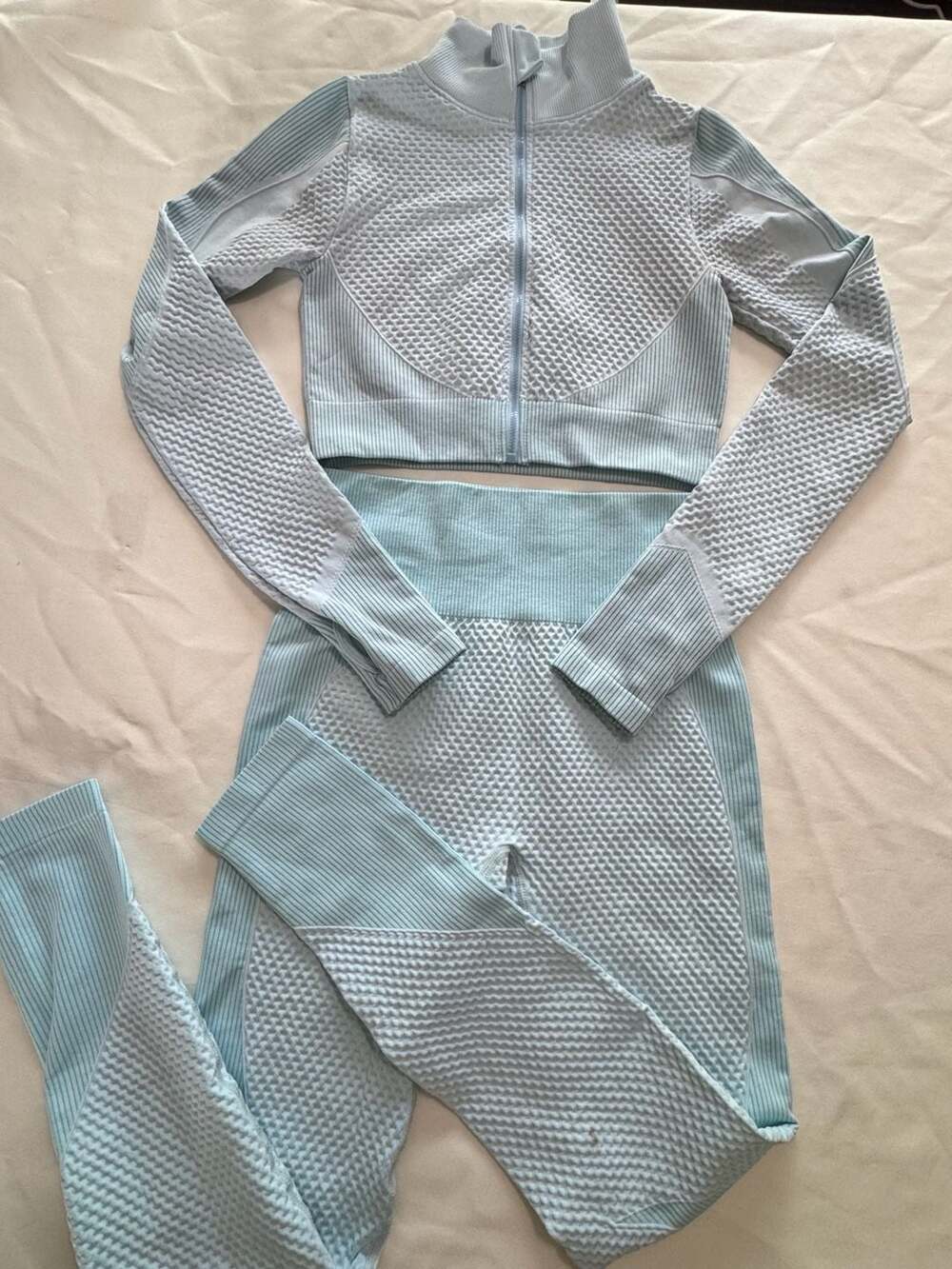 Textured Seamless Activewear Set Sky Blue Gym Yoga Lounge Matching